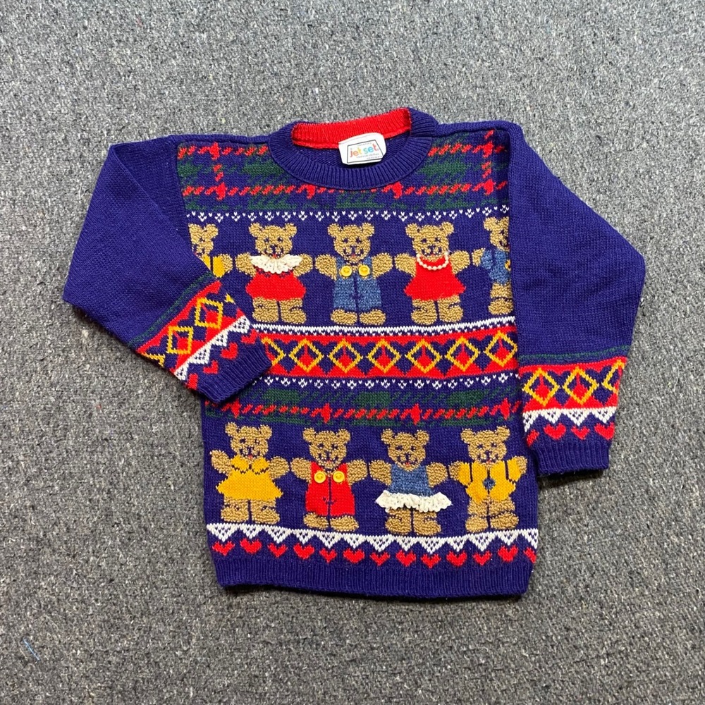 Jet Set Teddy Bear Sweater Sz S Kids Purple Vintage 90s Knit Made in USA